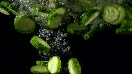 Super slow motion of falling fresh cucumber slices in water. Isolated on black background. Filmed on high speed cinema camera, 4k 1000fps. - Powered by Adobe