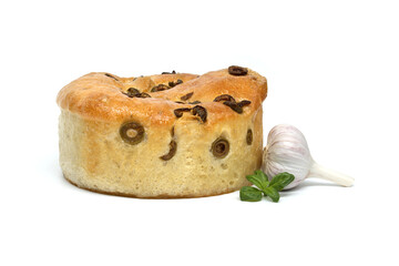Olive focaccia bread isolated on white background