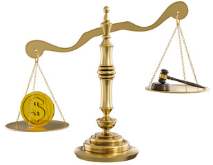3D Gold Brass Balance Scale, With Golden Coin Weighting more than Judge Gavel and Mallet, Injustice Concept Isolated on Black and White Background