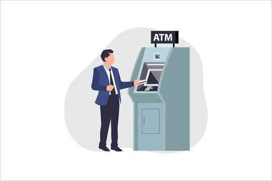 Man customer using credit card in atm machine and withdraw money. Flat style vector illustration isolated on white background.
