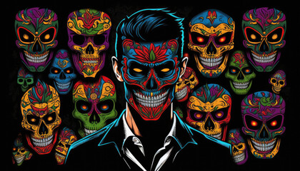 Insane man in dark clothing wearing mexican death mask. Generative AI.