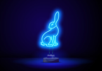 Hare neon sign. Glowing violet rabbit silhouette on dark brick wall background. Stock vector illustration.