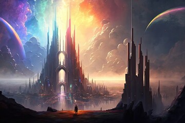 A city floating in the clouds, with towering spires and bridges in every color of the rainbow. Digital art painting, Fantasy art, Wallpaper - obrazy, fototapety, plakaty