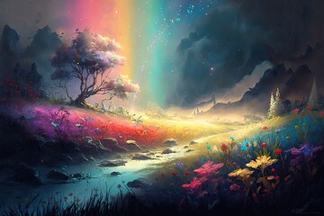 A fairy-lit meadow, dotted with wildflowers in every shade of the rainbow. Digital art painting, Fantasy art, Wallpaper