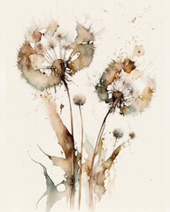 Watercolor flower dandelion illustration with light, neutral muted coffee, gold and earth tones on paper, ai.