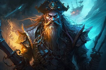 A fearsome pirate, who can summon tidal waves to damage and slow enemy units, and can return from the dead with his ghost ship ultimate. Digital art painting, Fantasy art, Wallpaper. Generative ai.