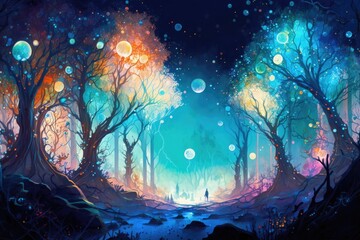 Obraz na płótnie Canvas A glittering crystal forest, where each tree shimmers with rainbow light. Digital art painting, Fantasy art, Wallpaper