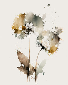 Watercolor flower dandelion illustration with light, neutral muted coffee earth tones on paper, ai.