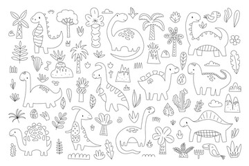 Cute dinosaurs and tropic plants. Funny cartoon dino collection. Hand drawn vector doodle set for kids. Black and white, monochrome