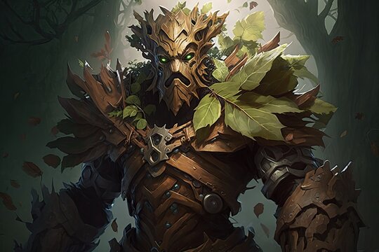 A nature-themed hero, who can heal his allies and entangle enemy units with his roots, and can create a protective living armor around himself and allies. Digital art painting, Fantasy art, Wallpaper