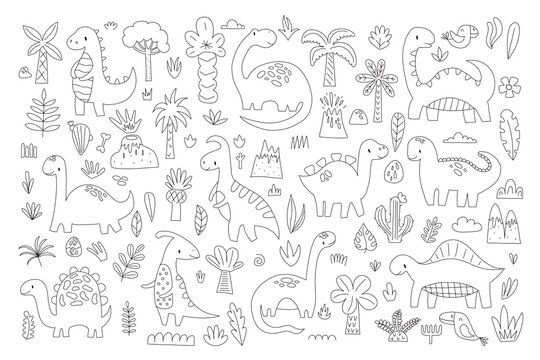 Cute dinosaurs and tropic plants. Funny cartoon dino collection. Hand drawn vector doodle set for kids. Black and white, monochrome