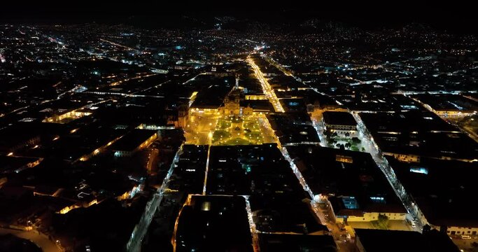 Cusco, Peru at night. Aerial above view drone high resolution 4k.