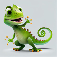 Cute cartoon lizard character. 3D animation on white background