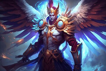 A powerful guardian angel, who can heal and protect allies with his abilities and increase their movement speed and damage with his ability. Digital art painting, Fantasy art, Wallpaper