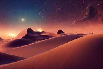 Fototapeta na wymiar Illustration of mystical portal in the desert with dunes, milky way in the sky. Generative AI