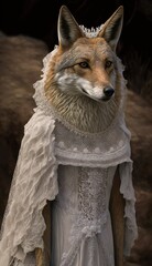 Photo Shoot of a Beautiful, Cute and Adorable Humanoid Coyote in Stunning Wedding Dress: A Unique Bride Animal in Designer Bridal Gown with Timeless and Elegant Style like Women (generative AI)