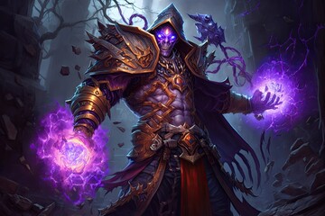 Obraz premium A powerful shadow priest, who can heal allies and damage enemies with his abilities, and can reduce the speed and damage of enemy units with his ability. Digital art painting, Fantasy art, Wallpaper
