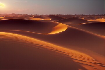 Naklejka na ściany i meble Sunrise over the dunes, sand desert at sunset, 3d rendering. Generative AI