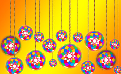 Colorful Christmas Balls Hanging on Strings on Yellow Background. Vector Illustration.