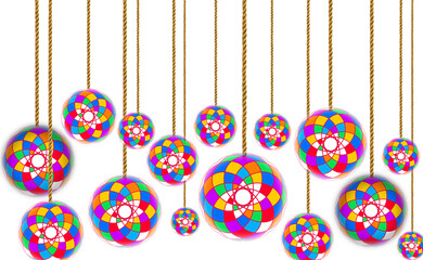 Colorful Christmas Balls Hanging on Strings on Yellow Background. Vector Illustration.
