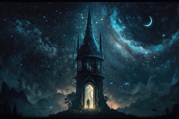 Obraz premium The Astronomy Tower, with a stunning view of the night sky and the mysterious blackboard with strange symbols. Hogwarts universe style painting. Digital art painting, Fantasy art, Wallpaper