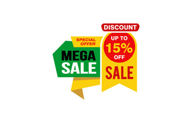 15 Percent MEGA SALE offer, clearance, promotion banner layout with sticker style. 
