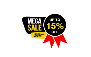 15 Percent MEGA SALE offer, clearance, promotion banner layout with sticker style. 
