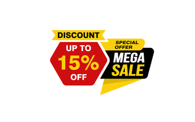 15 Percent MEGA SALE offer, clearance, promotion banner layout with sticker style. 
