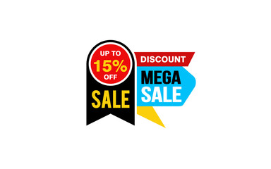 15 Percent MEGA SALE offer, clearance, promotion banner layout with sticker style. 
