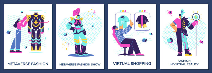 Metaverse fashion show and virtual reality posters set, flat vector illustration.