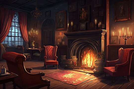 The common room with its warm fire and red armchairs. fantasy universe style painting. Digital art painting, generative ai.