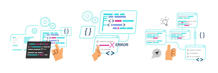 Code algorithm set, concept of programming and coding - flat vector illustration isolated on white background.