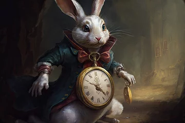 Foto op Aluminium The White Rabbit in a panic, checking his pocket watch and muttering I'm late! I'm late! Wonderland universe style painting.Digital art painting, Fantasy art, Wallpaper © FantasyArtStation