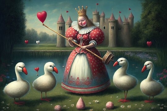 The Queen of Hearts playing croquet, with flamingos as mallets and hedgehogs as balls. Wonderland universe style painting. Digital art painting, Fantasy art, Wallpaper