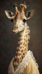 Photo Shoot of a Beautiful, Cute and Adorable Humanoid Giraffe in Stunning Wedding Dress: A Unique Bride Animal in Designer Bridal Gown with Timeless and Elegant Style like Women (generative AI)