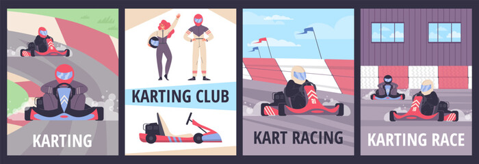 Kart racing posters set, flat vector illustration.
