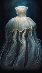 Photo Shoot of a Beautiful, Cute and Adorable Humanoid Jellyfish in Stunning Wedding Dress: A Unique Bride Animal in Designer Bridal Gown with Timeless and Elegant Style like Women (generative AI)