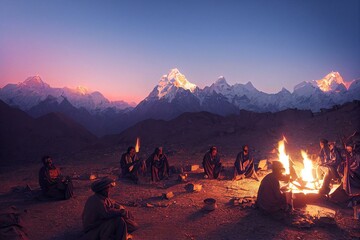 Pakistani porters around campfire at Concordia during sunset, K2 base camp trek, Karakoram, Pakistan. Generative AI