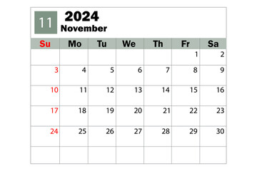 November 2024 calendar. Diary calendar. Daily planner. Vector illustration.