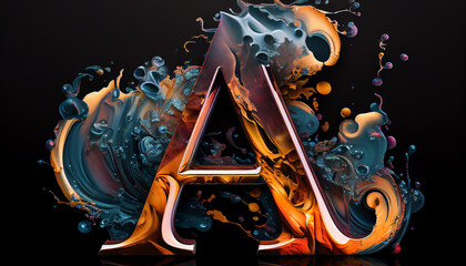 Alphabet A with abstract liquid decoration around it on black background. Generative AI.
