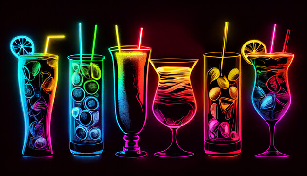 6 neon Cocktails in Neonfarben und Neonlicht. Generative Ai.