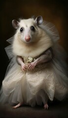 Photo Shoot of a Beautiful, Cute and Adorable Humanoid Possum in Stunning Wedding Dress: A Unique Bride Animal in Designer Bridal Gown with Timeless and Elegant Style like Women (generative AI)