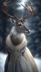 Photo Shoot of a Beautiful, Cute and Adorable Humanoid Reindeer in Stunning Wedding Dress: A Unique Bride Animal in Designer Bridal Gown with Timeless and Elegant Style like Women (generative AI)