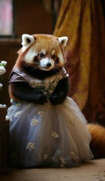 Photo Shoot of a Beautiful, Cute and Adorable Humanoid Panda in Stunning Wedding Dress: A Unique Bride Animal in Designer Bridal Gown with Timeless and Elegant Style like Women (generative AI)