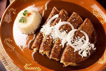 Chicken enmoladas. Also known as mole poblano enchiladas, they are a typical Mexican dish that is very popular in Mexico and the rest of the world.