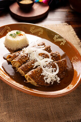 Chicken enmoladas. Also known as mole poblano enchiladas, they are a typical Mexican dish that is very popular in Mexico and the rest of the world.