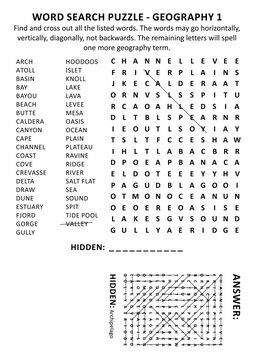 Geography terms (landforms) word search puzzle (suitable both for schoolchildren and adults). Answer included.

