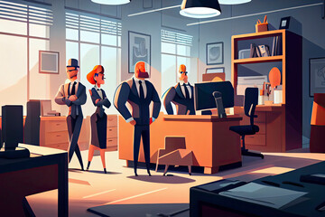 Working team of professionals stand in the interior of the office. 3d illustration. Cartoon characters
