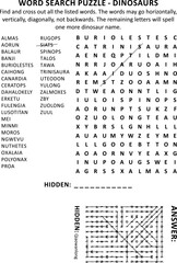 Dinosaurs word search puzzle (suitable both for kids and adults). Answer included.
