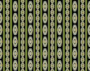 Yellow, black and white floral seamless pattern with ornamental stripes. Traditional oriental motifs. Vector ornament template. Decorative paisley elements. Great for fabric and textile.